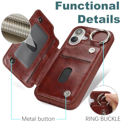 Ｈａｖａｙａ for iPhone 16 case Wallet with Card Holder for Women Men Shockproof Phone case with Keychain Ring Stand Leather Zipper Credit Card Slots-Deep Brown - color: Deep Brown-Ring