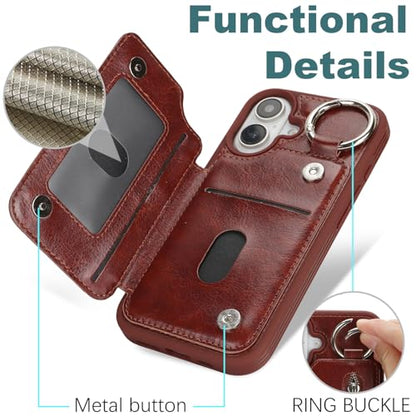 Ｈａｖａｙａ for iPhone 16 case Wallet with Card Holder for Women Men Shockproof Phone case with Keychain Ring Stand Leather Zipper Credit Card Slots-Deep Brown - color: Deep Brown-Ring