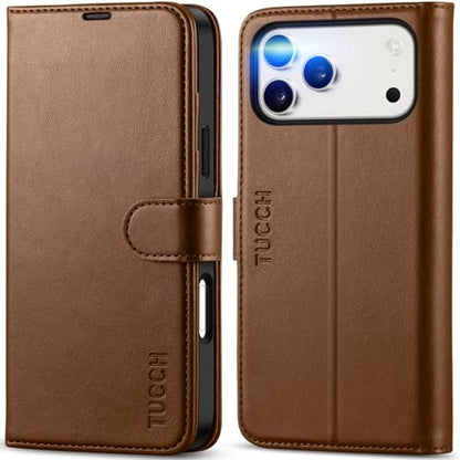 TUCCH Case Wallet for iPhone 17 Pro Max (6.9"), RFID Blocking Folio, Brown | 4 Card Holders, Kickstand, PU Leather, Magnetic Closure, Shockproof TPU Shell, Protective Flip Cover - color: Brown