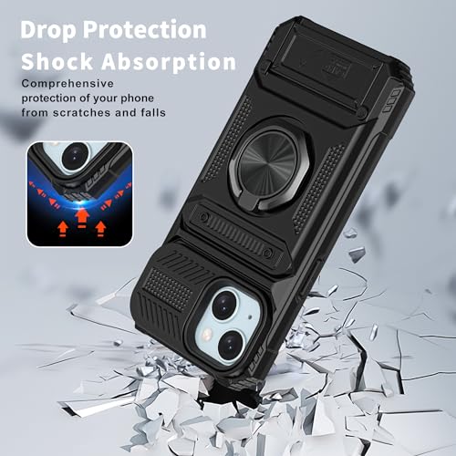 Vofolen for iPhone 15 Wallet Case with Card Holder [Store 2 Cards] Black | 360°Magnetic Rotated Ring Stand Dual Layer Heavy Duty Shockproof Drop Protection Wallet Phone Case for iPhone 15-6.1'' Black - color: Black