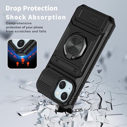 Vofolen for iPhone 15 Wallet Case with Card Holder [Store 2 Cards] Black | 360°Magnetic Rotated Ring Stand Dual Layer Heavy Duty Shockproof Drop Protection Wallet Phone Case for iPhone 15-6.1'' Black - color: Black