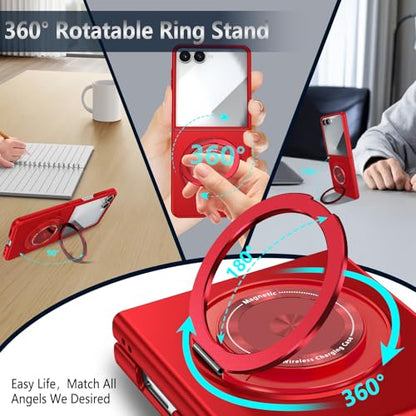 Magnetic Case for Samsung Galaxy Z Flip 7, [Compatible with MagSafe] Shockproof Slim fit Samsung Z Flip 7 Phone Case with Magnetic Ring Kickstand, Red - color: Red, size: Samsung Galaxy Z Flip 7