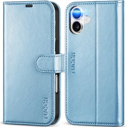TUCCH Wallet Case for iPhone 16 (6.1") 2024, Flip Stand, Pearly Light Blue | RFID Blocking, 4 Card Holders, Kickstand, PU Leather, Shockproof TPU Shell, Magnetic Closure, Protective Folio Cover - color: Pearly Light Blue