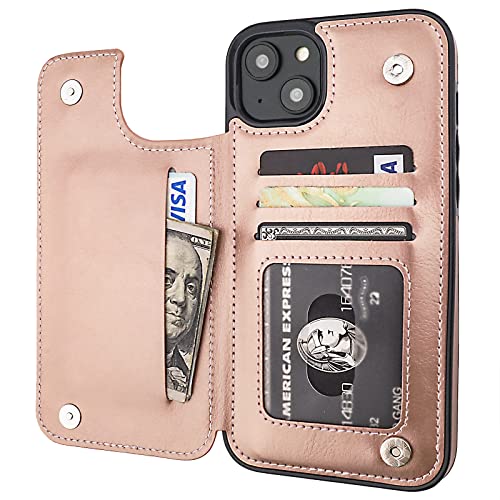ONETOP for iPhone 14 Plus Wallet Case with Credit Card Holder,Rosegold | Kickstand,ID/Cash Holder,Case Wallet with Card Slots,Double Magnetic Clasp,Durable PU Leather Shockproof Cover for Women Men - color: Rose Gold