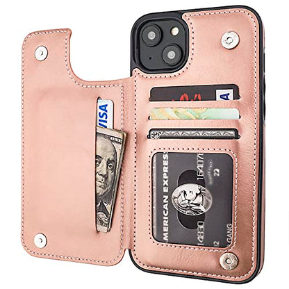 ONETOP for iPhone 14 Plus Wallet Case with Credit Card Holder,Rosegold | Kickstand,ID/Cash Holder,Case Wallet with Card Slots,Double Magnetic Clasp,Durable PU Leather Shockproof Cover for Women Men - color: Rose Gold