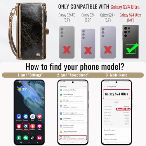 Defencase for Samsung Galaxy S24 Ultra Wallet Case with Card Holder, Coffee | Durable PU Leather, with RFID Blocking Zipper Pocket, Wrist Strap, S24 Ultra Flip Phone Cases Cover with Stand for Women Men - color: Coffee