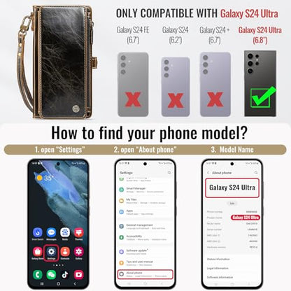 Defencase for Samsung Galaxy S24 Ultra Wallet Case with Card Holder, Coffee | Durable PU Leather, with RFID Blocking Zipper Pocket, Wrist Strap, S24 Ultra Flip Phone Cases Cover with Stand for Women Men - color: Coffee