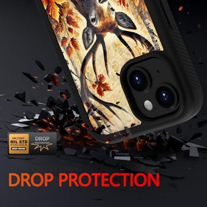 Compatible with iPhone 14 / iPhone 13 Case – Rugged Full-Body Protective Cover for Women Men Dual Layer Shockproof Bumper, Heavy-Duty Phone Case - Deer Fall Maple Leaf 097 - color: Deer Fall Maple Leaf 097