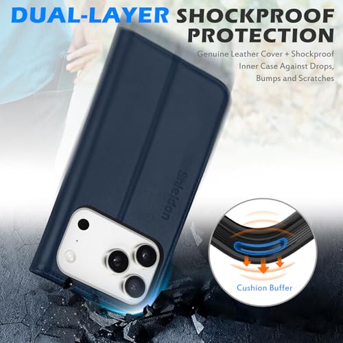 SHIELDON Genuine Leather Flip Wallet Case for iPhone 17 Pro 6.3", Navy Blue | Magnetic Closure, RFID Blocking, Credit Card Holder, Viewing Stand, Foldable Design, Shockproof Protective Cover - color: Navy Blue