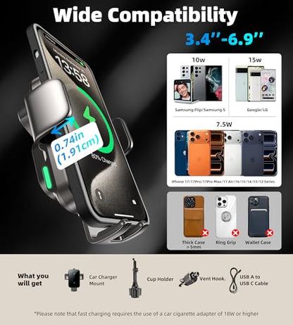 Dual Coil 15W Cup Phone Holder Mount, Wireless Car Charger Auto-Clamping Fast Charging Vent Phone Holders for Your Car for iPhone Duo/18/17/16/15/14/13/12/11 Series, Samsung Flip S25 S24 S23 S22 Ultra