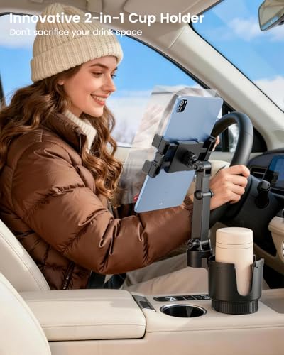 OHLPRO Cup Holder Tablet Mount for Car, Anti-Shake iPad Stand with Drink Holder Fits 5-17" iPad, Tab S10, iPhone, Heavy Duty Truck Vehicle Auto Accessories, Dual Handle Slots Large Mugs - size: 5-17'' Clamp+4.33''Cup