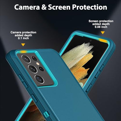 for Samsung Galaxy S21 Ultra Case with 2Pcs Self Healing Flexible TPU Screen Protector & Camera Lens Protector, 3 in 1 Heavy Duty Shockproof/Drop Proof/Dust Proof Case (Blue/Turquoise) - color: Blue/Turquoise