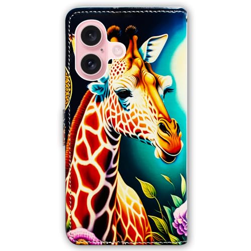 Bcov Case for iPhone 16,Giraffe Flowers Multifunction Leather Phone Case Wallet Flip Cover with Multi Card Slots Pocket Wrist Strap for Apple iPhone 16 - color: Giraffe Flowers