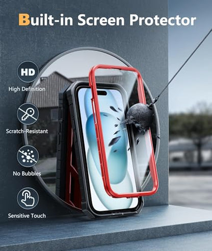 FNTCASE for iPhone 15/14/13 Case, Built-in Screen Protector, Kickstand Red | 20FT Military-Grade Drop Protection, Anti-Slip Matte Textured, Rugged Heavy Duty Shockproof Protective Phone Cover, Red - color: Red