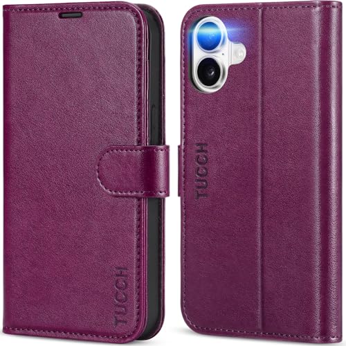 TUCCH Wallet Case for iPhone 16 (6.1") 2024, 4 Card Slots, Plum Purple | RFID Blocking, Viewing Stand, Shockproof TPU Shell, PU Leather, Magnetic Closure, Protective Folio Flip Cover - color: Plum Purple