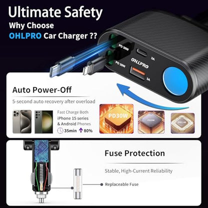 OHLPRO Retractable Car Charger Cigarette Lighter Adapter, 168W 5 in 1 Fast Phone Charging Built-in Replaceable Fuse, Socket Splitter with USB C and USB i Cord, Fit for Phone iPad Galaxy GPS, Black - size: USB-C+USB-i