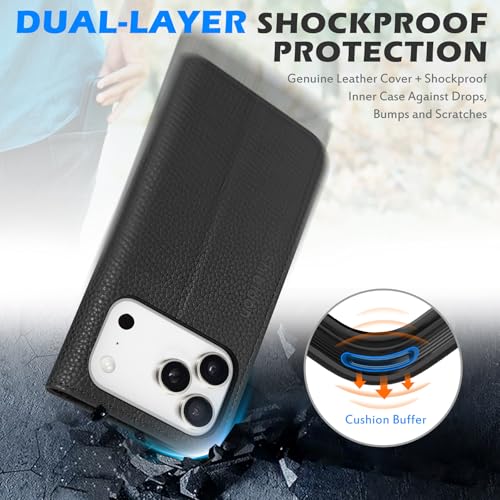 SHIELDON Genuine Leather Case Wallet for iPhone 17 Pro 6.3", Pebbled Black | Magnetic Closure, RFID Blocking, Credit Card Slot, Viewing Stand, Foldable Design, Shockproof TPU Phone Cover - color: Pebbled Black
