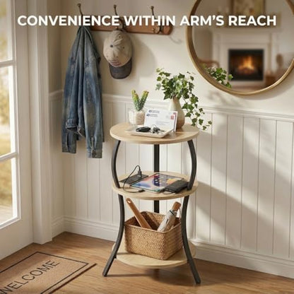 YEAKOO Small Side Table with Charging Station,3-Tier Round end Table - color: Oak, style: USB Charger
