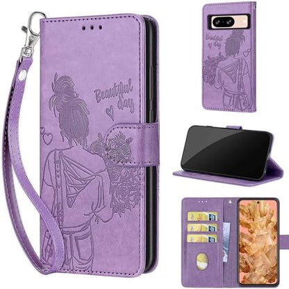 Wallet Case for Google Pixel 8, Purple Girl | Women Flip Folio Cover, Embossed PU Leather, Stand, Credit Card Holders Slots, Wrist Strap - color: 10