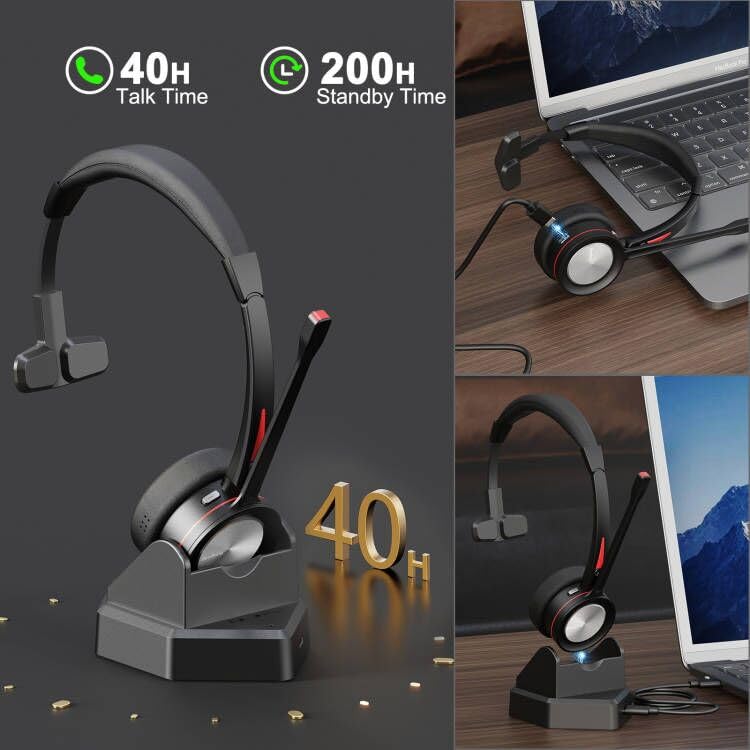Bluetooth Headset with Microphone Noise Cacenling, Mono Wireless Headset with Mic & Mute Button, 40 Hrs Working Time, Bluetooth Office PC Headset for Call Center Work Laptop Teams Meeting