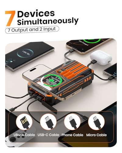 SOARAISE Solar Power Bank 48000mAh Wireless Portable Charger with 4 Cables - color: Orange