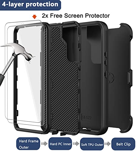 for Samsung Galaxy S22 Case with Belt Clip Holster, 2X Screen Protector, [Military Grade Protection] Heavy Duty Full Body Shockproof Dust-Proof Rugged Protective Cover for Samsung S22 5G Black - color: Black