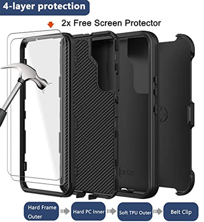 for Samsung Galaxy S22 Case with Belt Clip Holster, 2X Screen Protector, [Military Grade Protection] Heavy Duty Full Body Shockproof Dust-Proof Rugged Protective Cover for Samsung S22 5G Black - color: Black