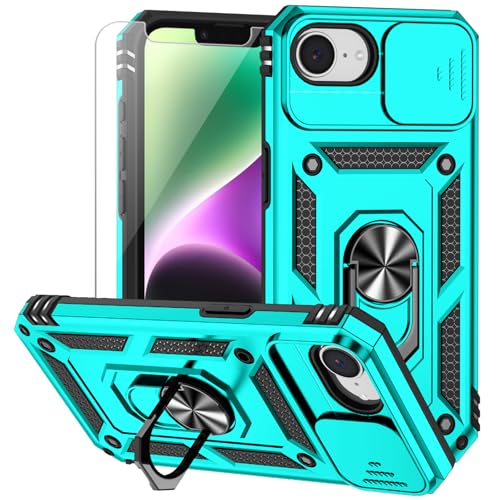 for iPhone 17E / iPhone 16E Case, with Camera Lens Cover HD Screen Protector, Dual Layer Military-Grade Drop Tested Magnetic Ring Holder Kickstand Protective Phone Case for iPhone 16E / 17E (Mint) - color: Mint with camera cover Military-Grade 2nd gen