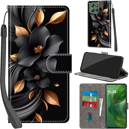 Case Wallet for Motorola Moto G Power 2025/2026, Black Flower | Kickstand, 3 Card Holder, Shockproof TPU Interior Shell, PU Leather, Magnetic Flip Cover, Lanyard Strap - color: Pic:04