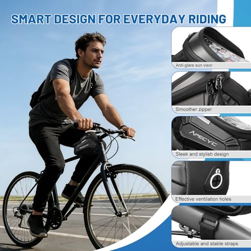 APECYC Bike Frame Bag, Waterproof Bike Phone Bag with Touch Screen | Hard-Shell Bike Top Tube Bag with Secure Mounting, Touchscreen Access, No Leg Interference, Storage Bag for Cycling Rides