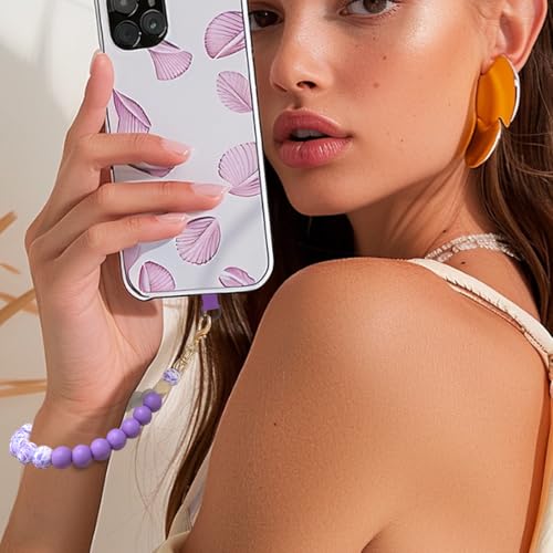 VICHUNHO Marble Silicone Beaded Phone Wrist Strap, Cellphone Lanyard with Tether Tab, Elastic Hands-Free Wristlet Bracelet - color: Purple Block