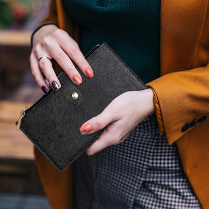 Travelambo RFID Wallet Women Large Size Bifold Multi Card Wallet Case with Zipper Pocke Credit Card Holder for Women - color: Black