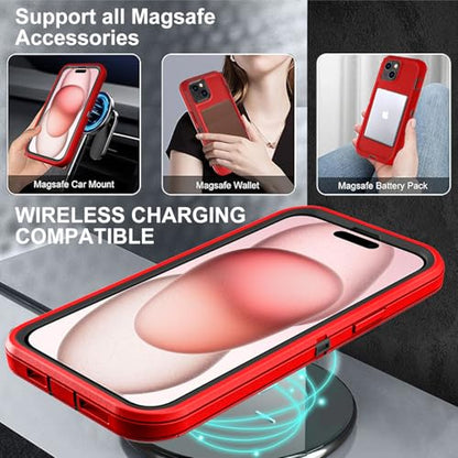YKHJKLEC for iPhone 15 Case, Compatible with Magsafe, Military Grade 3 in 1 Heavy Duty Shockproof/Drop Proof/Dust Proof Case with 2Pcs Tempered Glass Screen Protector (New-Red/Black) - color: New-Red/Black