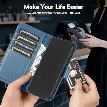 Compatible with iPhone 14 Pro Genuine Leather Case Wallet with Card Holder,Women Men Real Leather Flip Folio RFID Blocking Credit Card Slots Stand Phone Cover,for Apple 14 Pro 6.1,Light Blue - color: Light Blue, size: iPhone 14 Pro - 6.1"