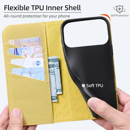 VISOUL Pebbled Leather Wallet Case for iPhone 17 Pro Max 6.9" 2025, Genuine Leather Flip Folio Cover with RFID Blocking Card Holders, Kickstand, Soft TPU Protective Flip Cover -Light Gray+Yellow - color: Light Gray+Yellow
