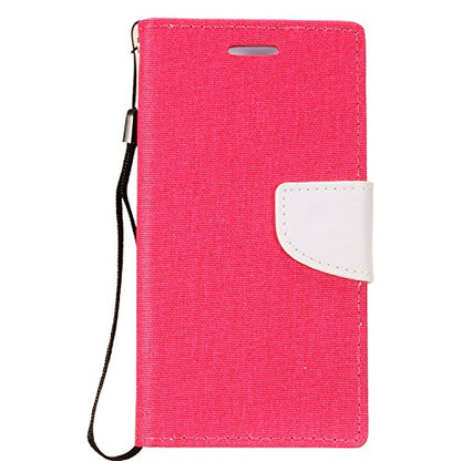 For Samsung Galaxy J7 (2018), J7 Refine, J7 Star, J7V 2nd Gen. SM-J737 - Denim Fabric Flip Wallet Case + Tempered Glass Screen Protector - White/Pink - color: CT5 White/Hot Pink