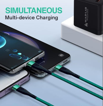 M.A.D LAB 100W USB-C Multi Charging Cable, 3-in-1 Nylon Braided, 4.3 ft
