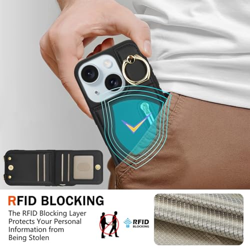 Crossbody Wallet Case for iPhone 11 with Lanyard Strap Card Slot Holder RFID Blocking Ring Kickstand,Magnetic Flip Folio Zipper Purse Case, PU Leather Cover Handbag,Black - color: Black, size: iPhone 11(6.1")