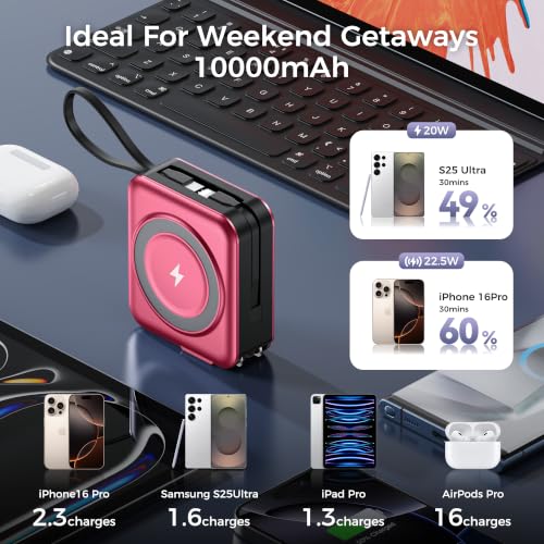 10000mAh Portable Charger Power Bank Built in Cables&Wall Plug - color: Red