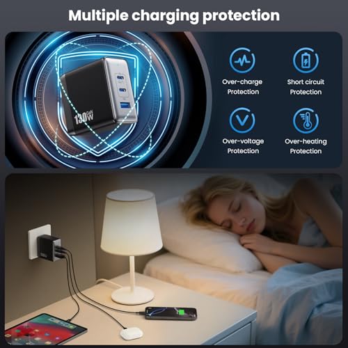 130W USB C Charger Block,3-Port GaN Fast Charger,Compact Foldable Type C Fast Charging Wall Charger,PD QC 65W USB C Laptop Charger for MacBook Pro/Air,iPad Pro,iPhone 17/16/15/14,Galaxy,Dell XPS etc