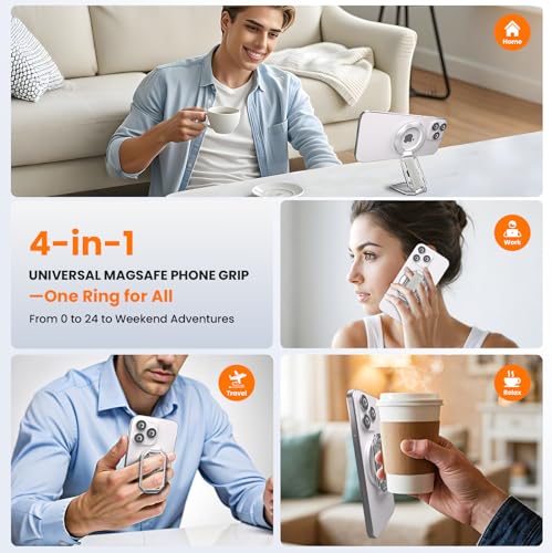 4-in-1 Phone Grip Stand for MagSafe,Loop Strap,Dual-Fold,360°Rotate,Silver - color: Silver