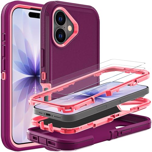 YKHJKLEC for iPhone 17 Case, Military Grade 3 in 1 Heavy Duty Shockproof/Drop Proof/Dust Proof Case with 2Pcs Tempered Glass Screen Protector (Purple/Pink) - color: Purple/Pink