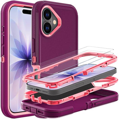 YKHJKLEC for iPhone 17 Case, Military Grade 3 in 1 Heavy Duty Shockproof/Drop Proof/Dust Proof Case with 2Pcs Tempered Glass Screen Protector (Purple/Pink) - color: Purple/Pink