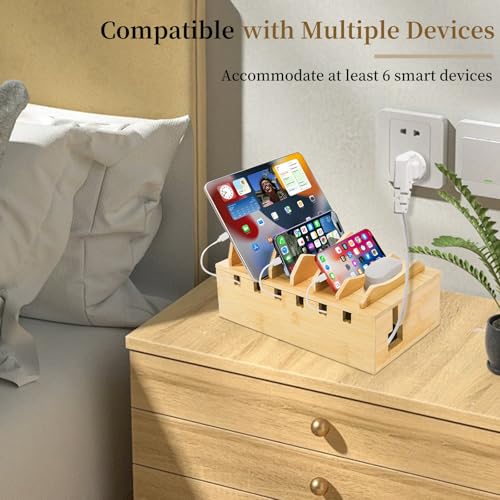 WRINGKIT Bamboo Charging Station for Multiple Devices, Hold 6 Devices