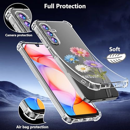 Phone Case for Samsung Galaxy A17 5G Case, Samsung A17 5G Case with Tempered Glass Screen Protector, Soft Flexible TPU Slim Fit Shockproof Phone Cover for Women Men Girl Boy (Clear-Daisy) - color: Clear-Daisy