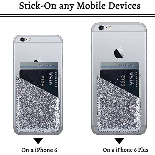 Faux Leather Cell Phone Wallet,Credit Card Holder for Back of Phone Pocket 3M Adhesive Sticker Card Pouch Sleeve for iPhone/Samsung Galaxy/Sony/Android and Most Smartphones,Black/Silver Glitter - color: Silver+Black