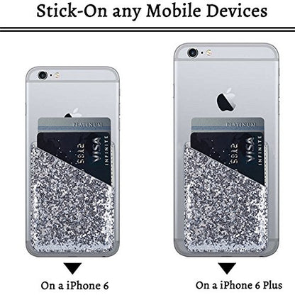 Faux Leather Cell Phone Wallet,Credit Card Holder for Back of Phone Pocket 3M Adhesive Sticker Card Pouch Sleeve for iPhone/Samsung Galaxy/Sony/Android and Most Smartphones,Black/Silver Glitter - color: Silver+Black