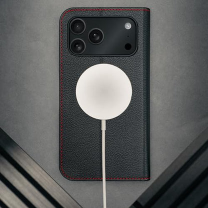 TORRO Leather Case Compatible with iPhone 17 Pro Max 6.9" 2025 - Premium Leather Wallet Flip Case with Kickstand and Card Slots (Compatible with Official MagSafe Chargers) - Black - color: Black with Red Detail, size: iPhone 17 Pro Max