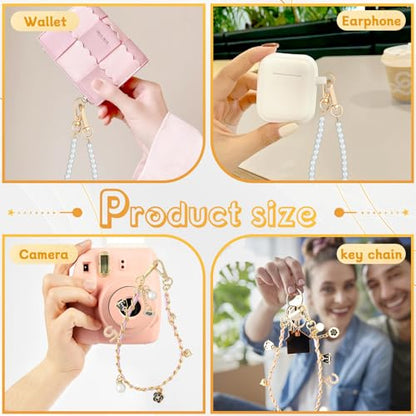 2 Pcs Phone Charm Wrist Strap with Tether Tab, Double Anti Lost Pearl Beaded Wrist Lanyard with Flower, Detachable Leather Metal Phone Charms for Bag, Key Chains, Camera Decor
