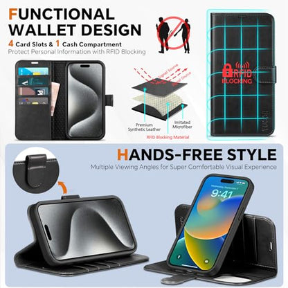 TUCCH 2-in-1 Detachable Wallet Case for iPhone 15 Pro (6.1") 2023, Black | 4 Card Holders, RFID Blocking, Wireless Charging, Kickstand, Shockproof TPU, PU Leather, Magnetic, Folio Cover - color: Black (2-in-1 Detachable)